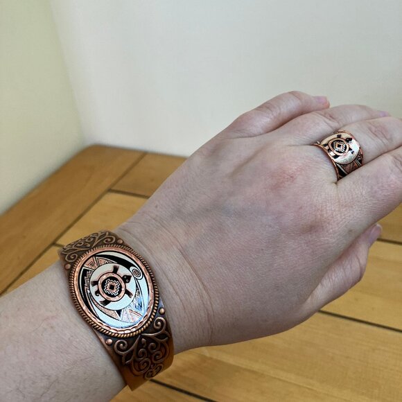 Southwestern Turtle Etched Copper Bracelet & Ring Western Cowgirl Set Adjustable - Picture 2 of 9